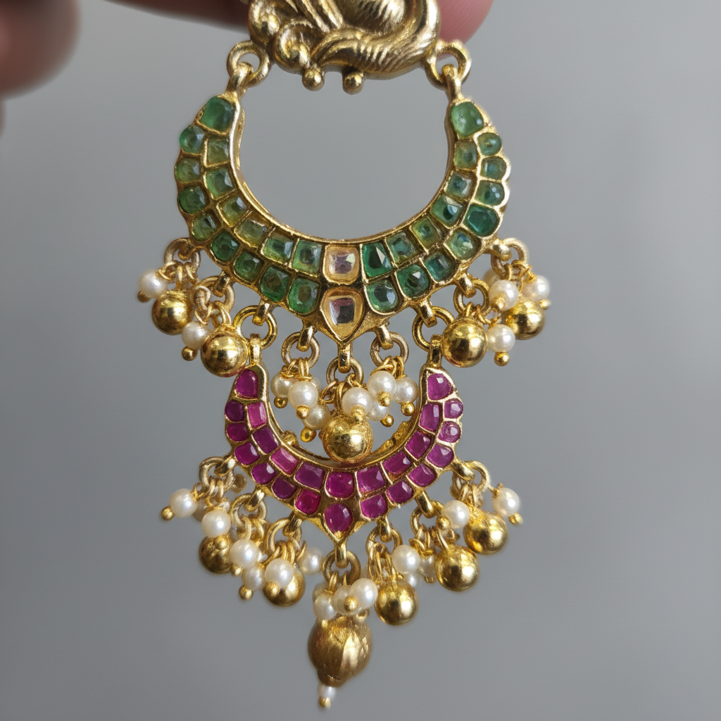 Emerald Ruby Chand Bali Earrings - Close Up Detail Shot