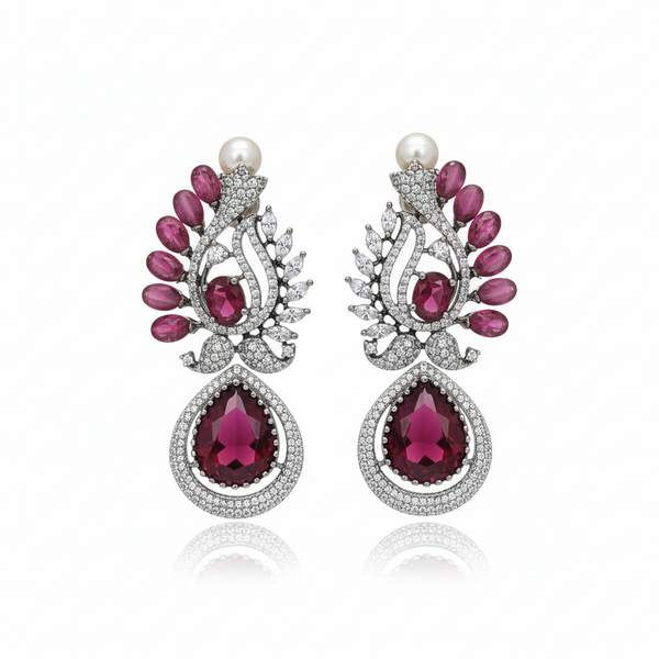 Victorian CZ Pearl Top Drop Earrings - Ruby Pink - White Background
