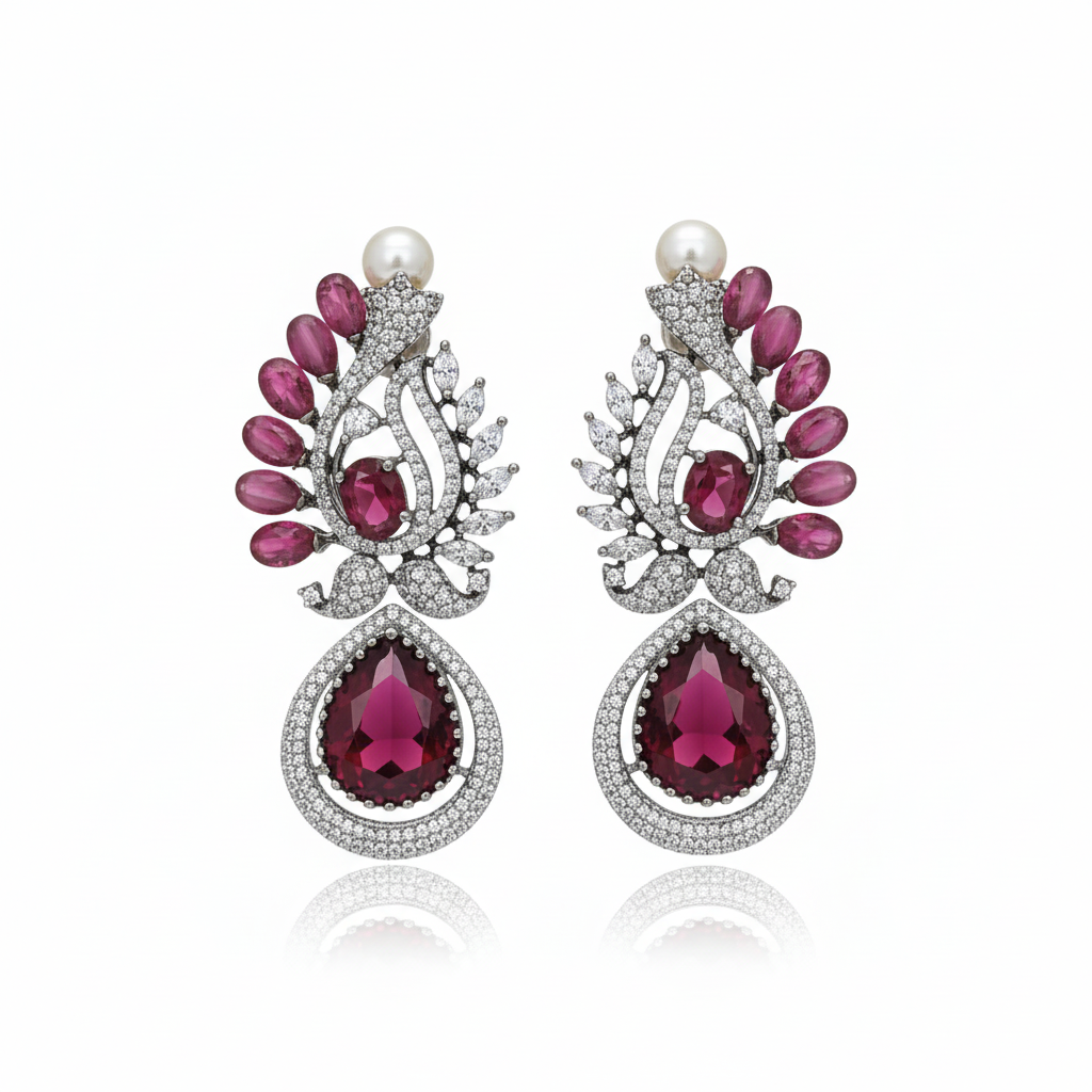 Victorian CZ Pearl Top Drop Earrings - Ruby Pink - White Background