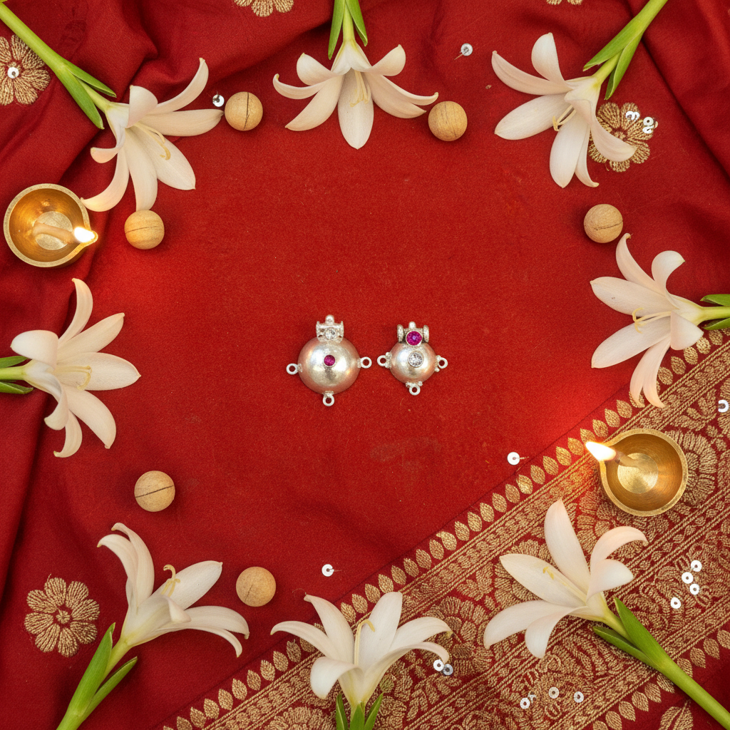 Silver Dome Bottu Pendant Set CZ View - Cultural Flat Lay