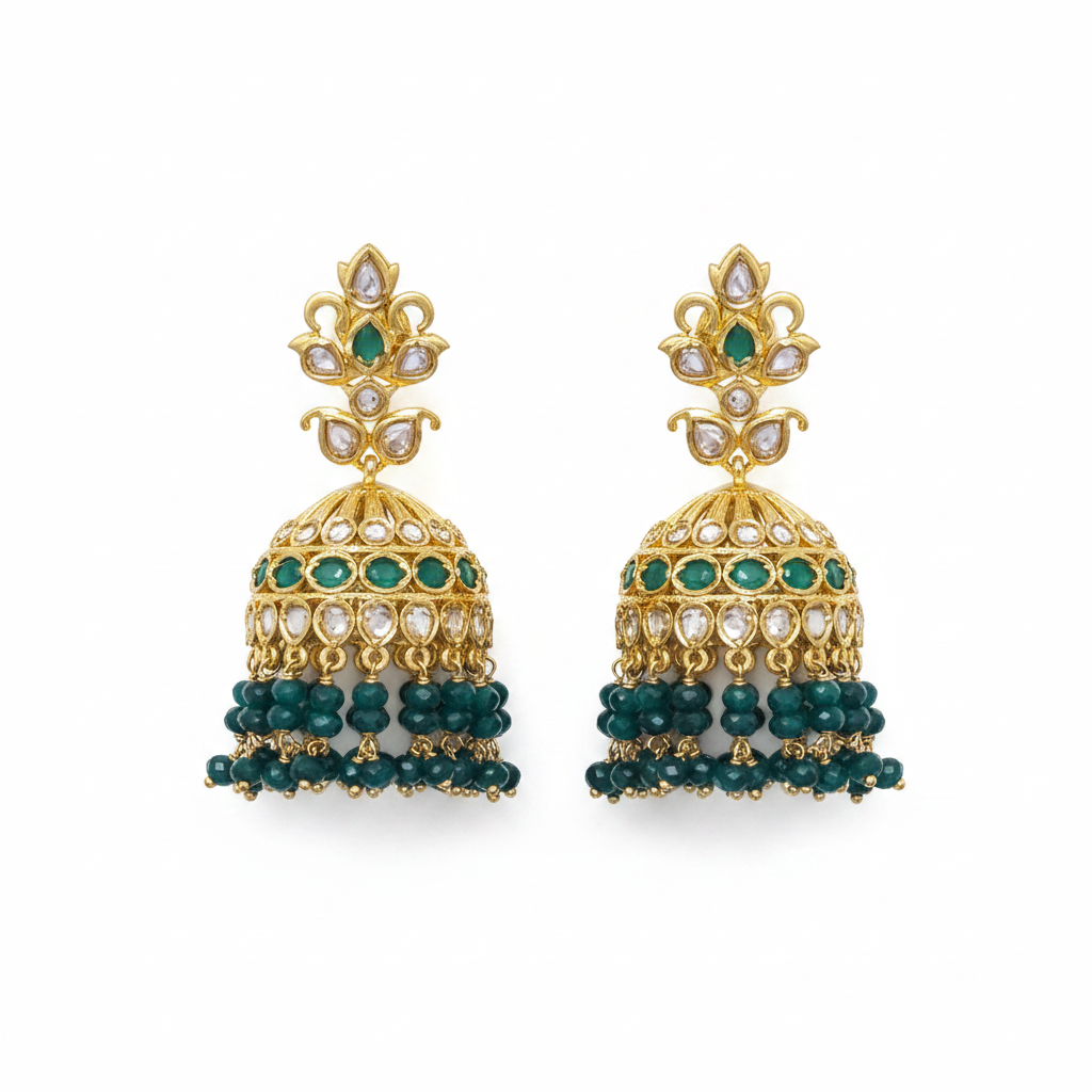 Gold Plated Polki Jhumka Flat Lay - White Background