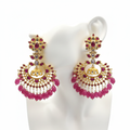 Kempu Polki Chandbali Earrings displayed on jewelry mannequin ear stand, white background