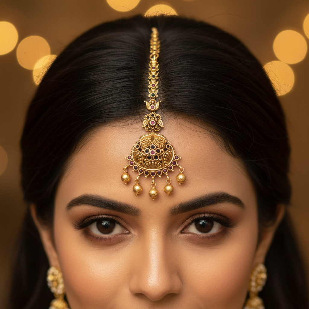 Lifestyle shot of dome filigree maang tikka worn on forehead