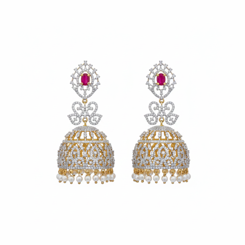 CZ Diamond Jhumka Earrings - Flat Lay on White Background
