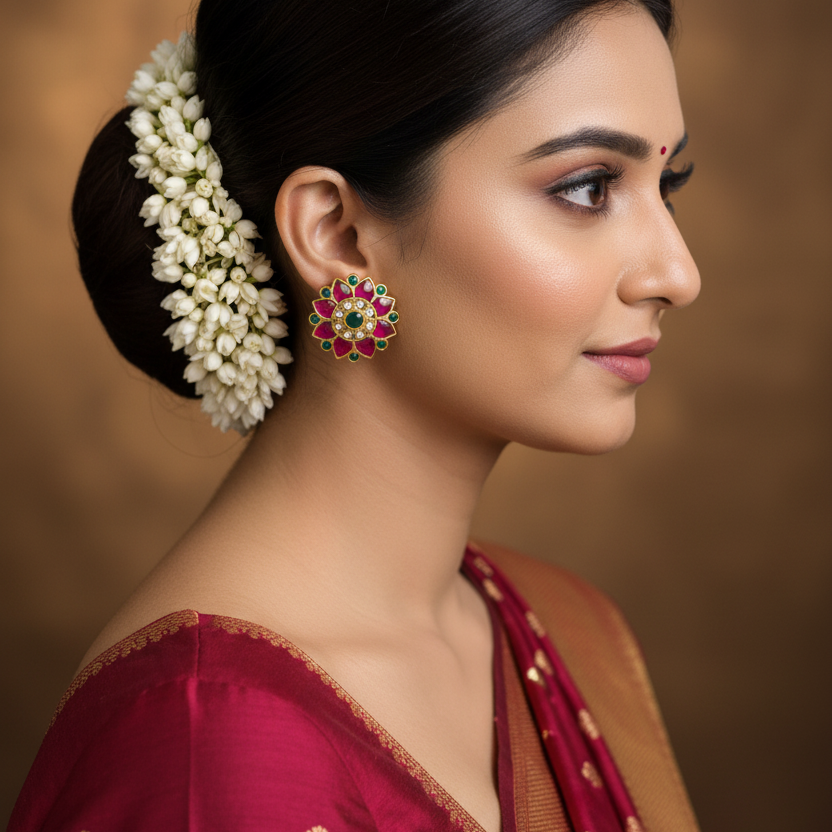 Model Wearing 925 Silver Jadau Kundan Flower Stud Earrings