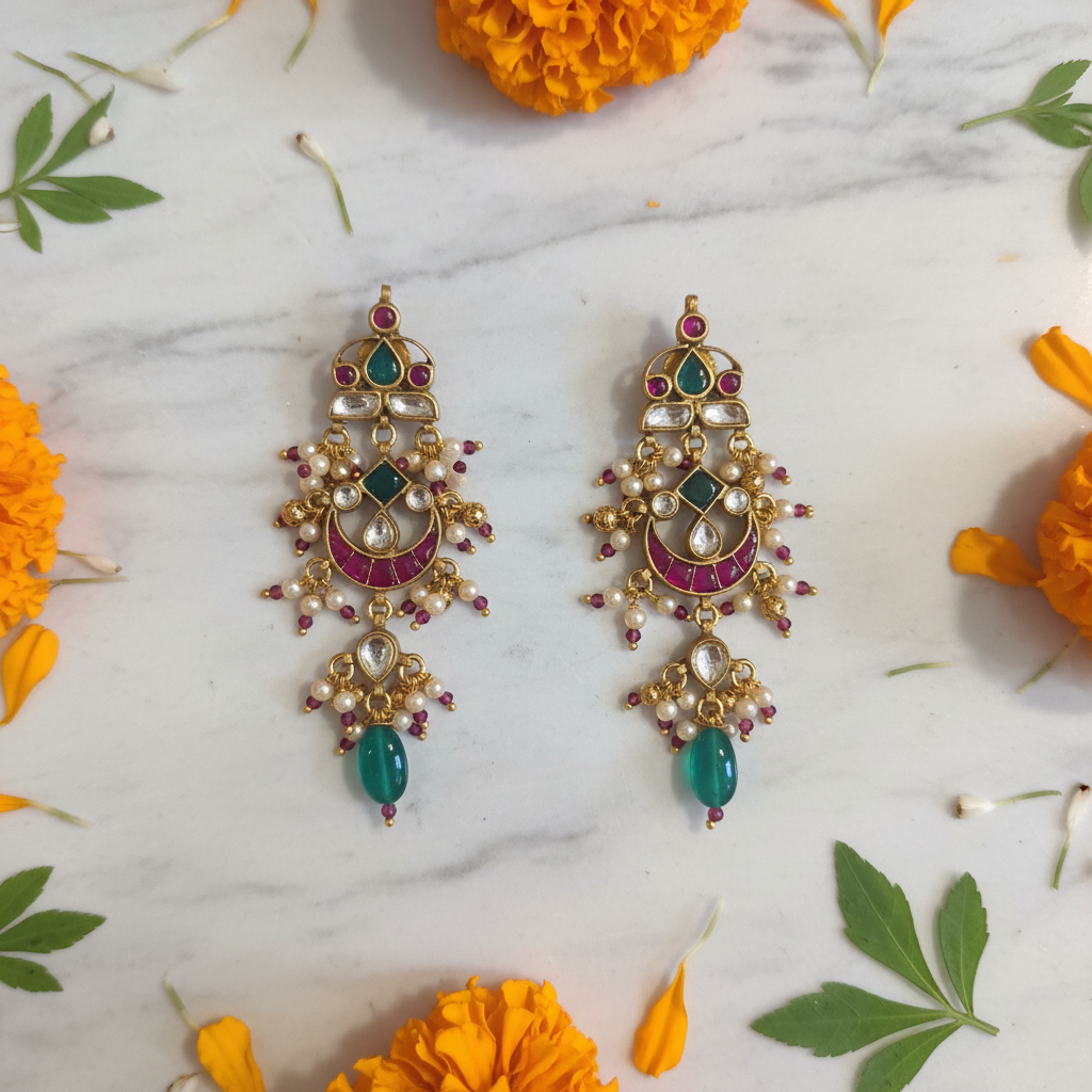 Jadau Kundan Earrings – flat lay with marigold petals