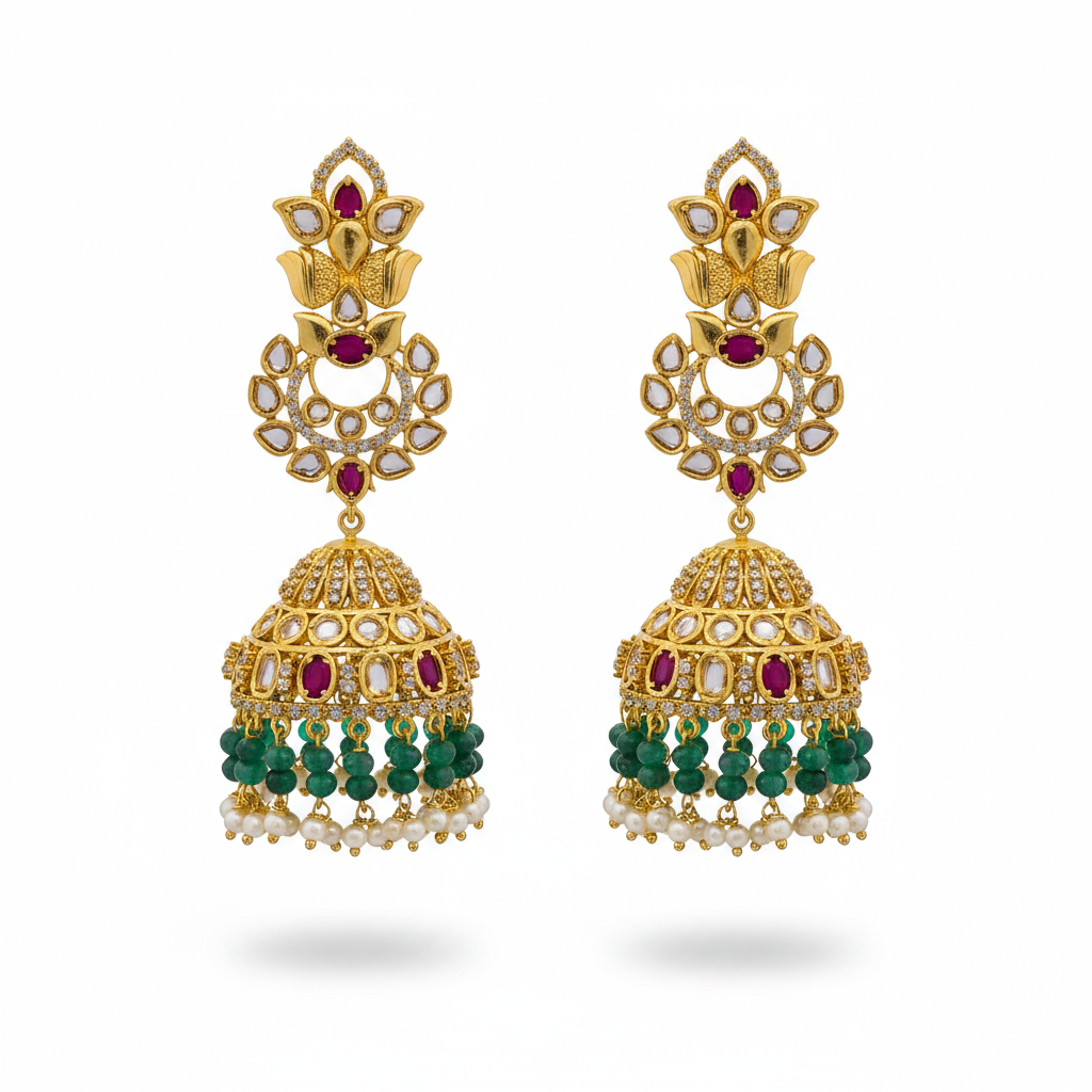 Uncut Diamond Gold Plated Long Jhumka - White Background Flat Lay 1:1
