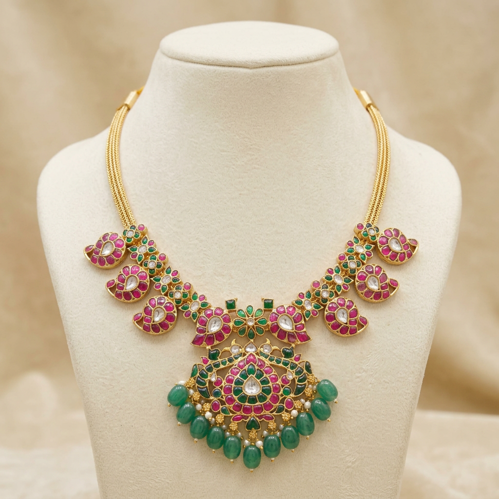Jadau kundan necklace displayed on ivory mannequin bust