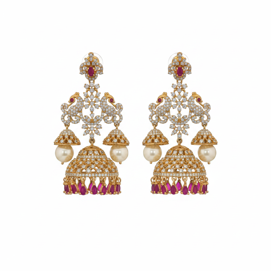 Ruby CZ Peacock Jhumka Earrings Flat Lay