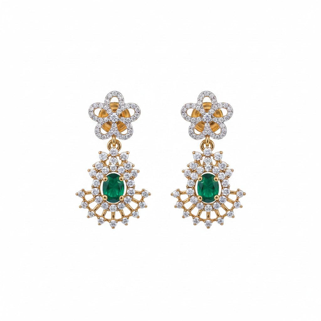 Emerald CZ earrings close-up with screw back detail