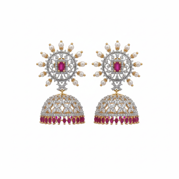 Pink CZ Sunburst Jhumka - White Background