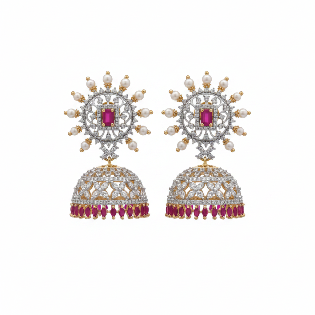 Pink CZ Sunburst Jhumka - White Background