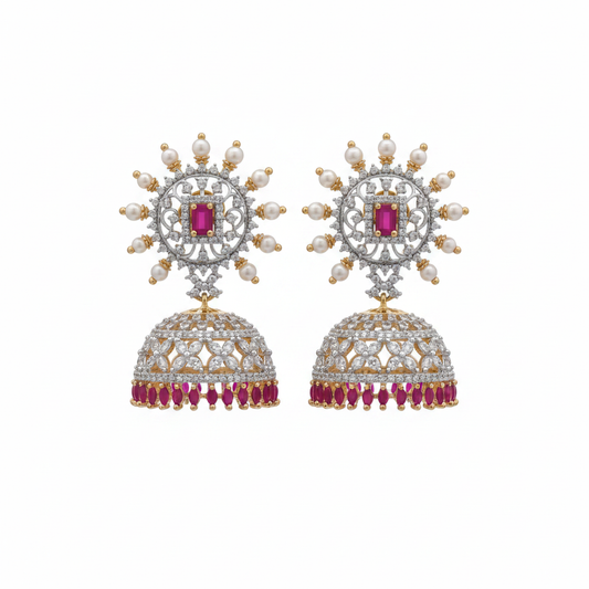 Pink CZ Sunburst Jhumka - White Background