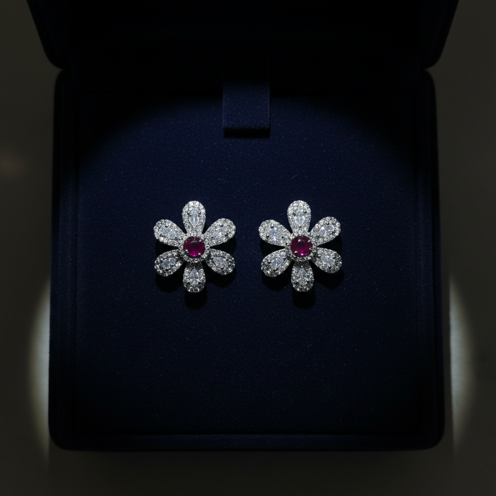 Victorian Ruby Flower Stud Earrings on navy velvet display