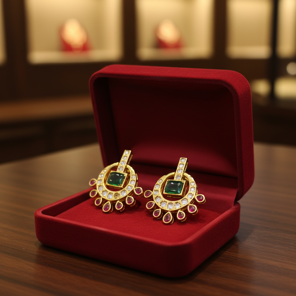 Kempu Emerald Chandbali Earrings - In Box