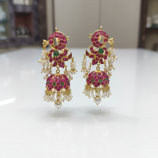 Peacock Pink Kempu Jhumka - White Background