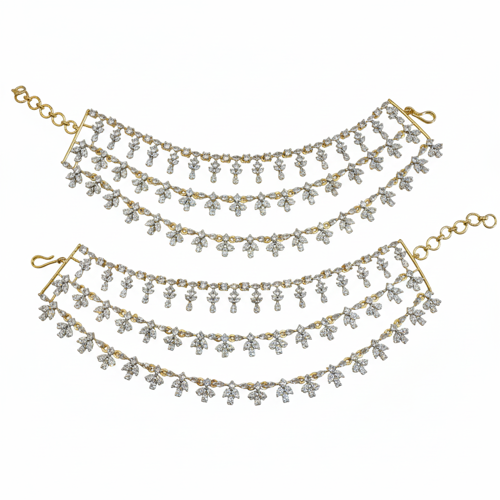 Rhodium-gold diamond ear chains on white background