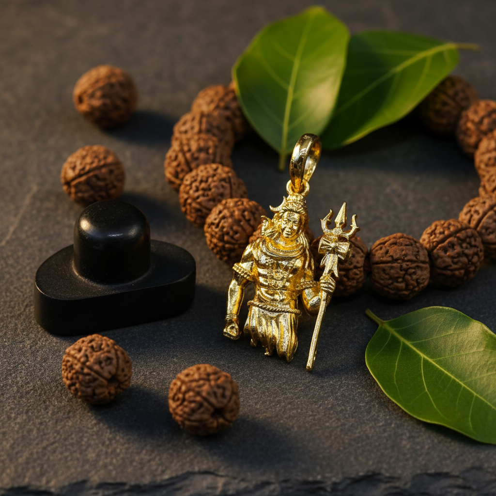 Lord Shiva gold pendant on stone surface with rudraksha and bilva leaves – devotional styling