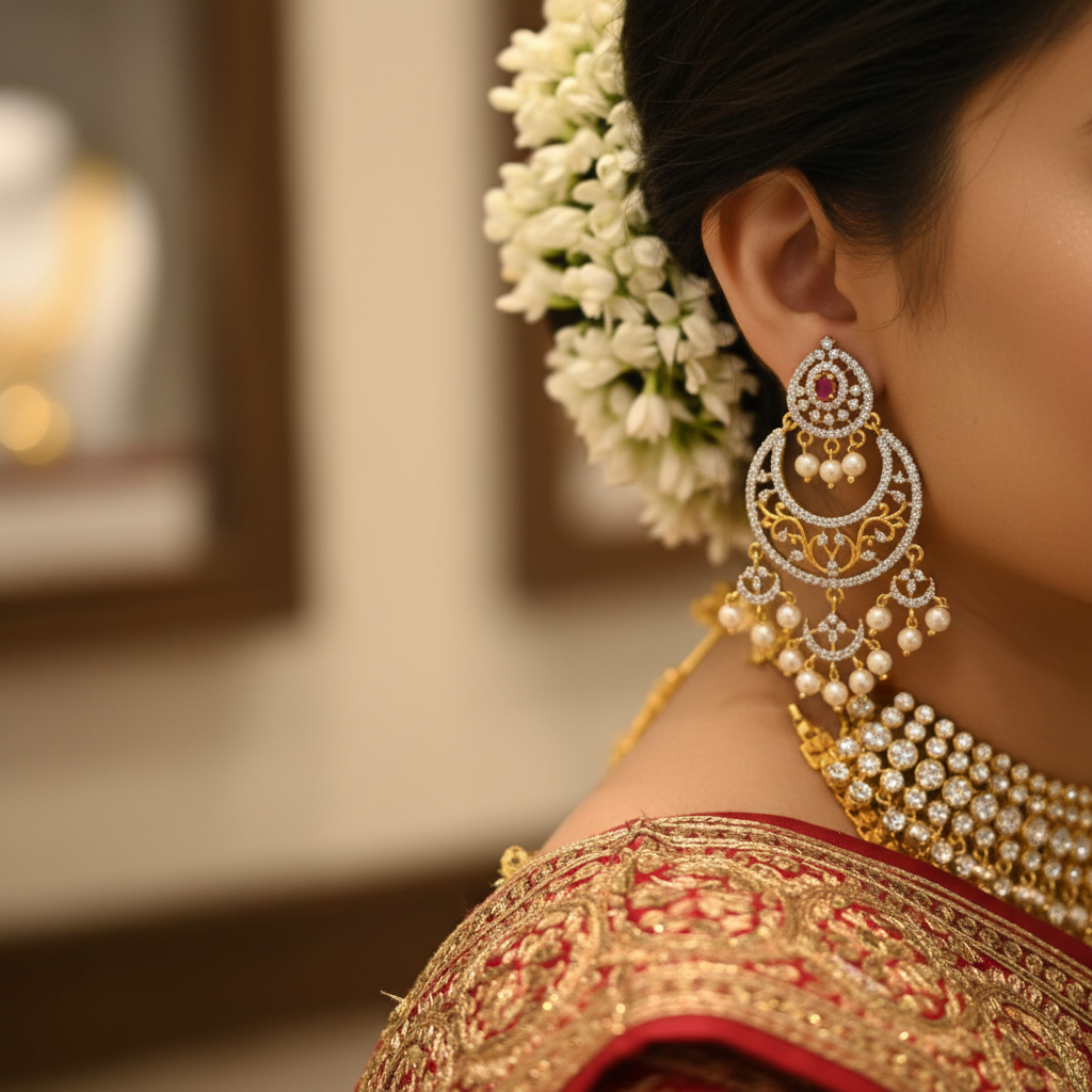 Chandbali Diamond Finished Earrings - On-Model Bridal Lifestyle Shot