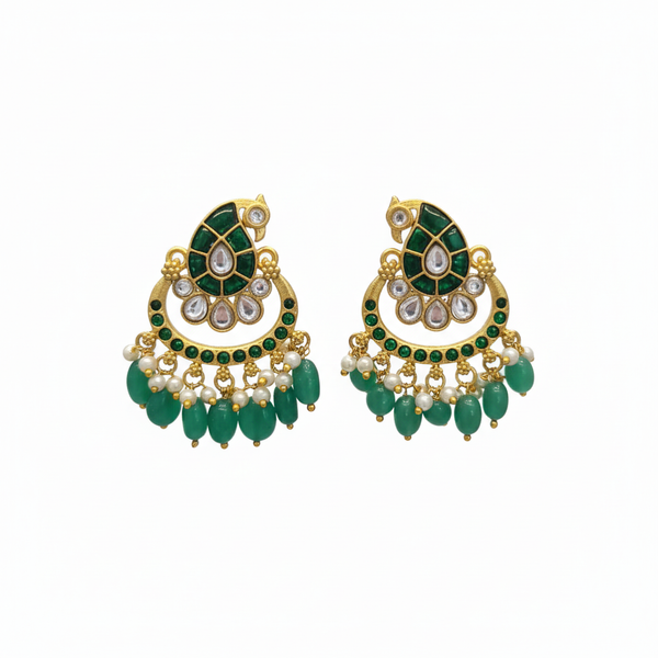 Jadau Kundan Emerald Chandbali Earrings on white background