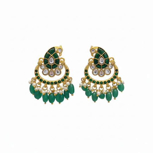 Jadau Kundan Emerald Chandbali Earrings on white background