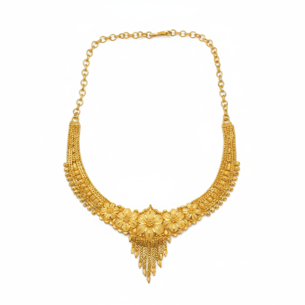 Gold Forming Necklace Set - Floral Tassel Design with Matching Earrings