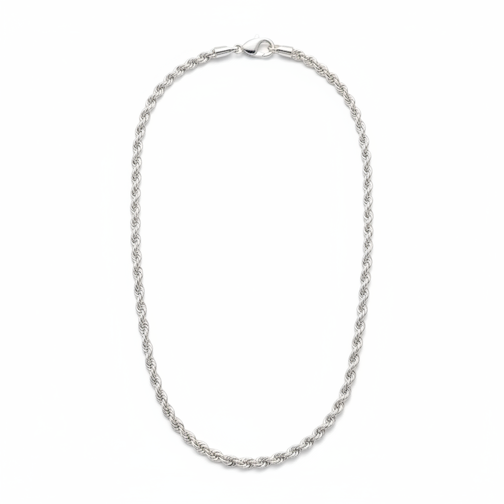 925 sterling silver rope chain necklace on white background