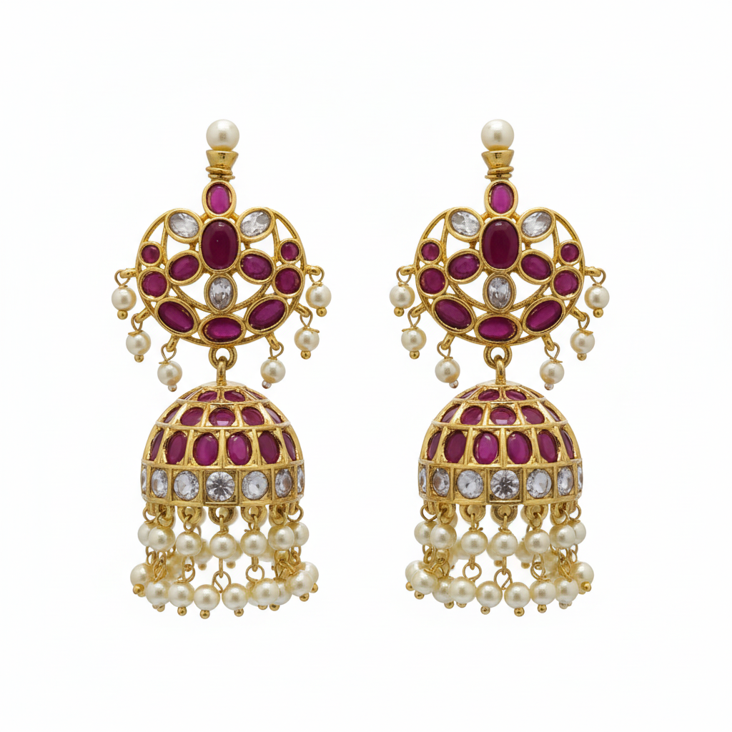 Kempu Ruby CZ Chandbali Jhumka - White Background Hero Shot