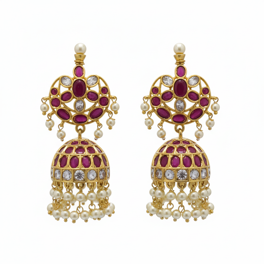 Kempu Ruby CZ Chandbali Jhumka - White Background Hero Shot