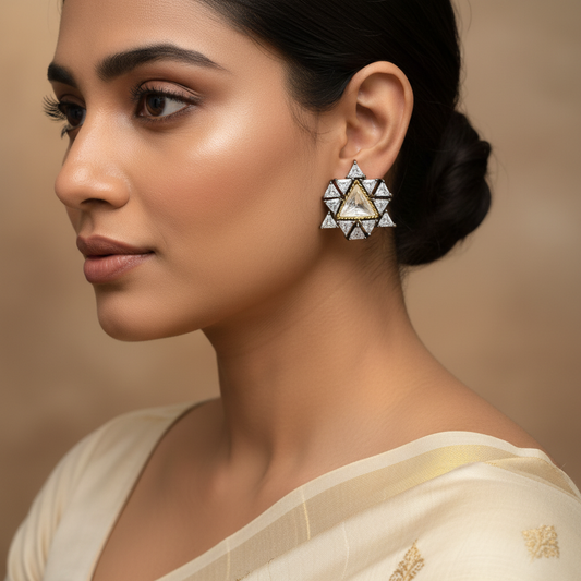 Model wearing Black Rhodium Polki Star Stud Earrings