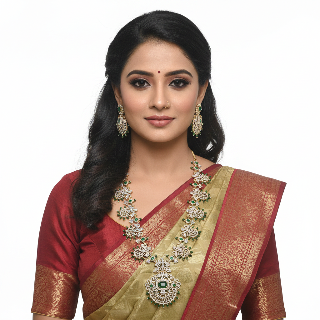 CZ Long Haram Necklace Set - Emerald Green - Model Wear