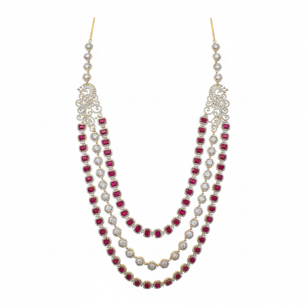 Ruby Diamond 3-Strand Haram Necklace – white background studio shot