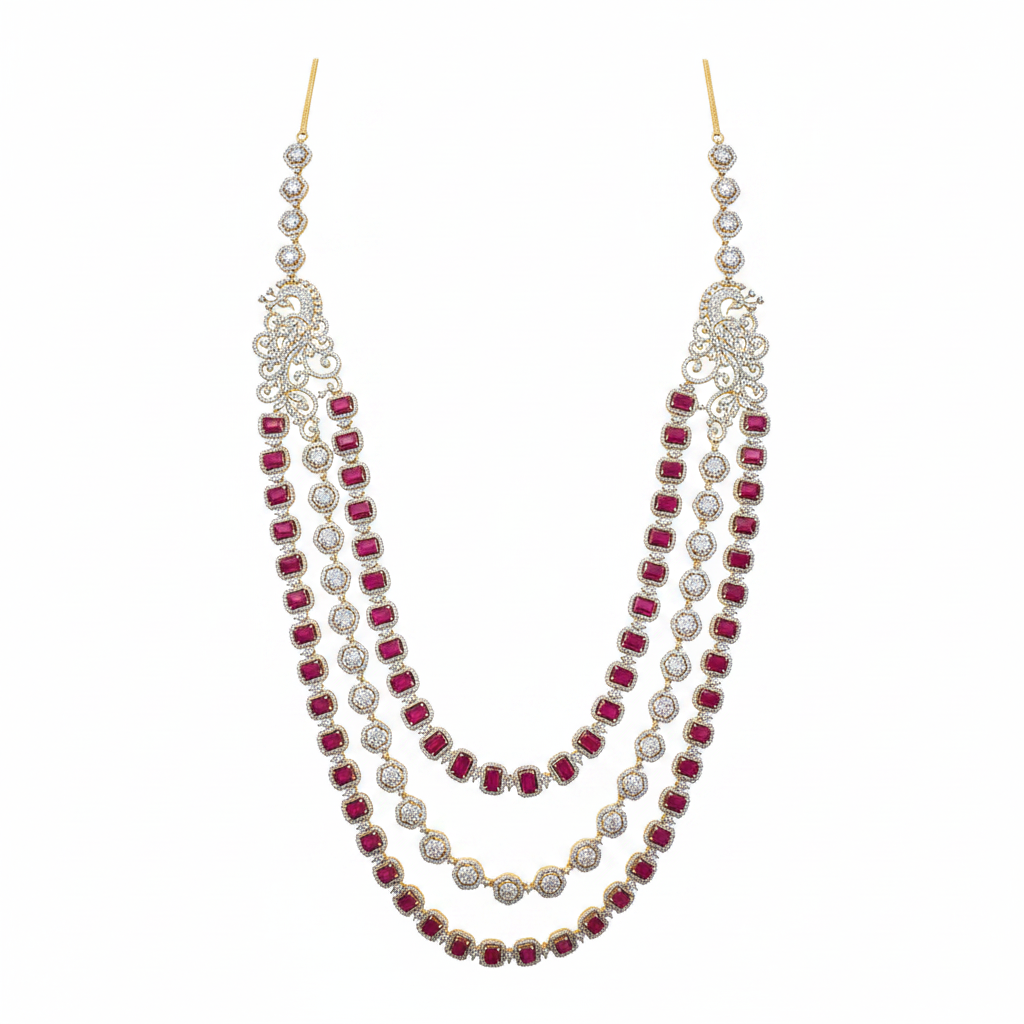 Ruby Diamond 3-Strand Haram Necklace – white background studio shot