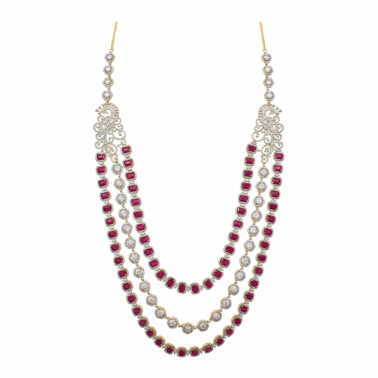 Ruby Diamond 3-Strand Haram Necklace – white background studio shot