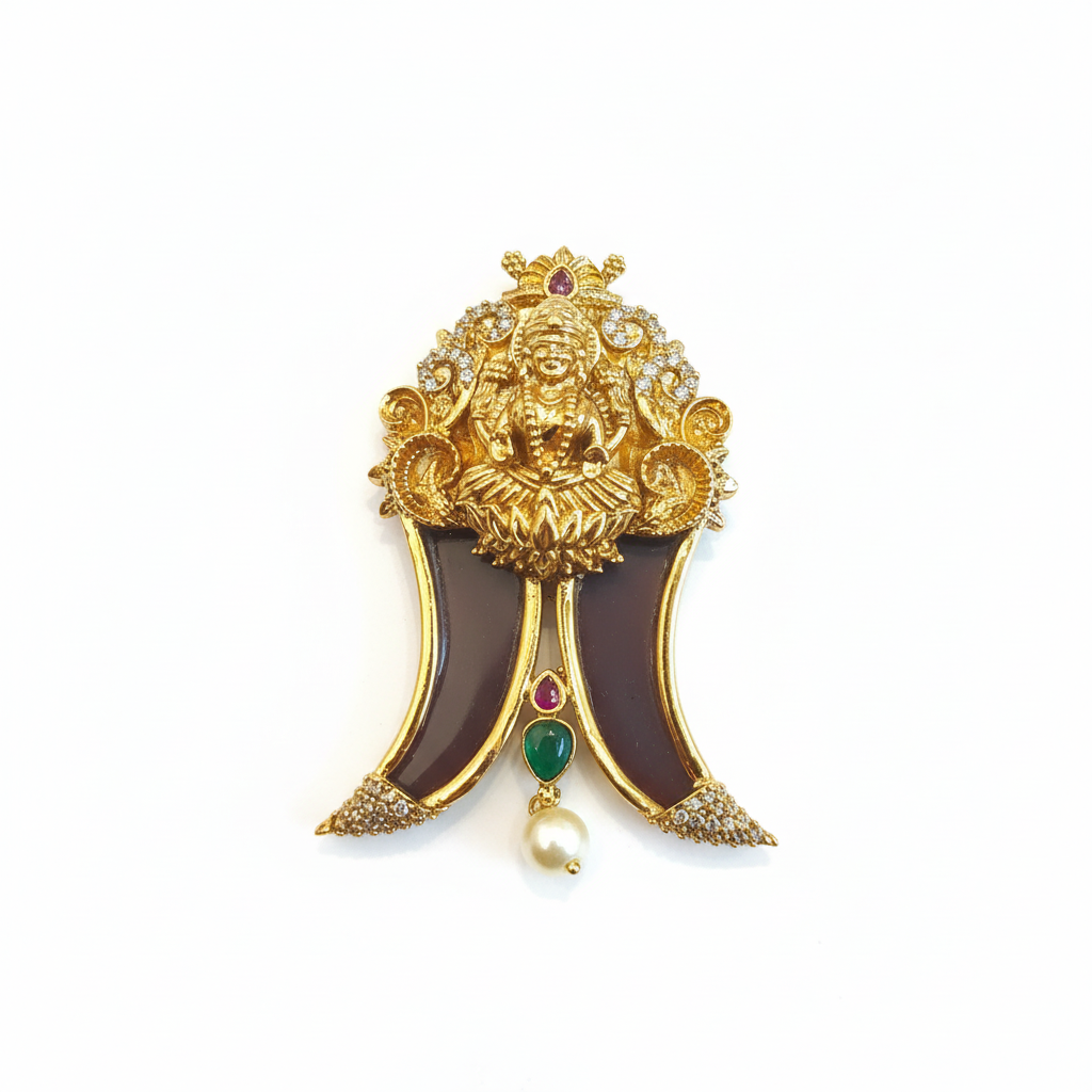 Antique Goddess Lakshmi Puligoru Locket for Men - 24K Gold Plated with Gemstones