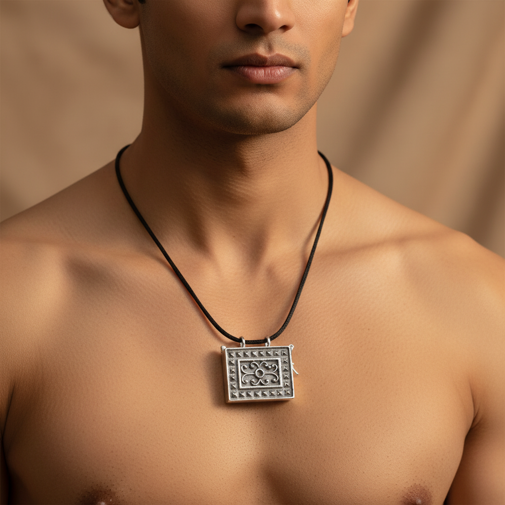 925 Silver Rectangular Locket Amulet Pendant - Lifestyle on Black Thread
