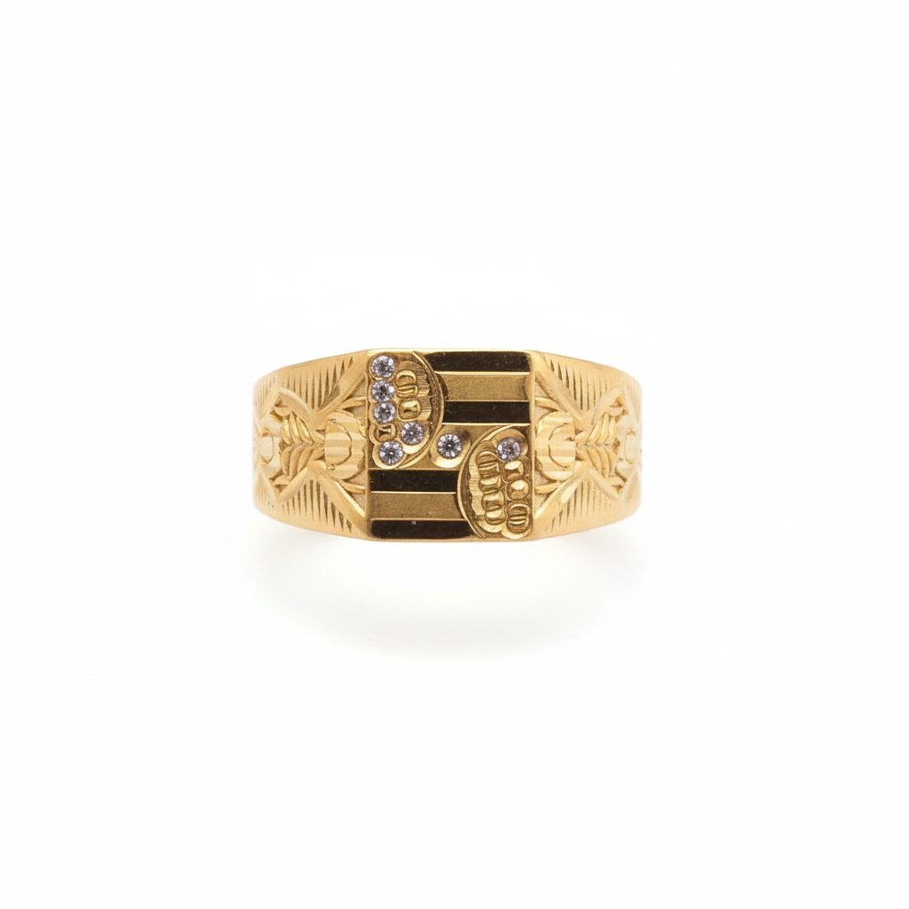 24K Gold Plated Leaf Motif Men's Ring with CZ Stones - Premium Designer Band