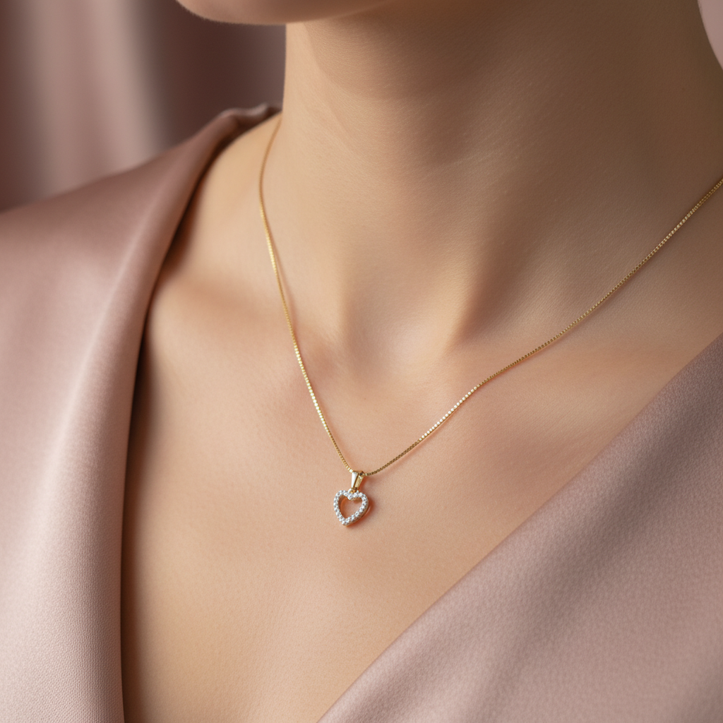 Lifestyle image of heart pendant necklace worn by model