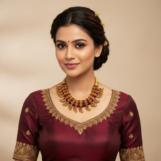 Indian model wearing antique gold ruby temple necklace