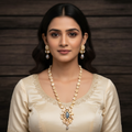 Indian model wearing baroque pearl Kundan necklace and earring set