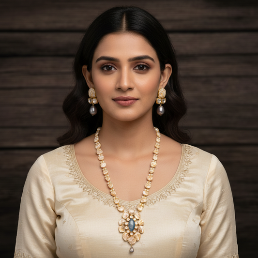 Indian model wearing baroque pearl Kundan necklace and earring set