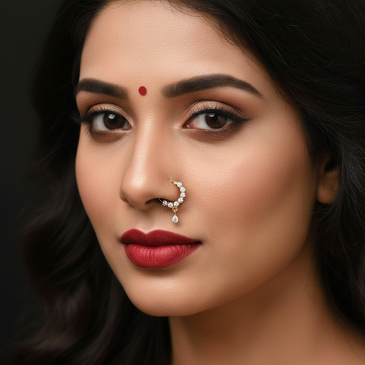 Indian model wearing delicate CZ half-hoop nose ring with teardrop pendant