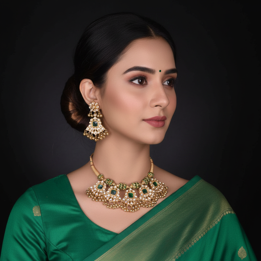 Indian model wearing gold Kundan emerald choker necklace set