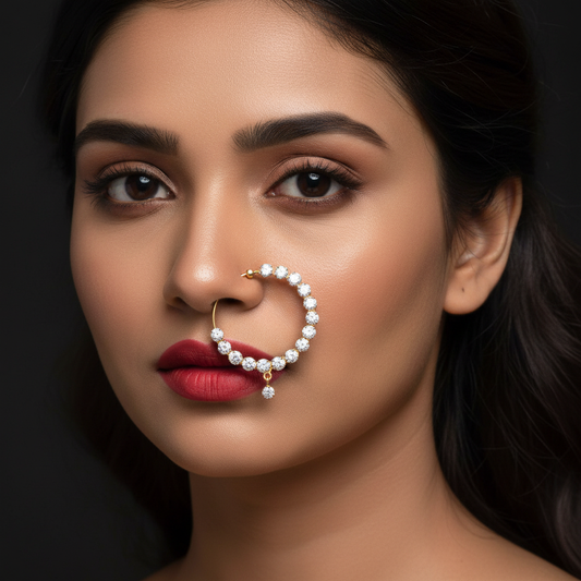 Indian model wearing large CZ diamond gold hoop nose ring