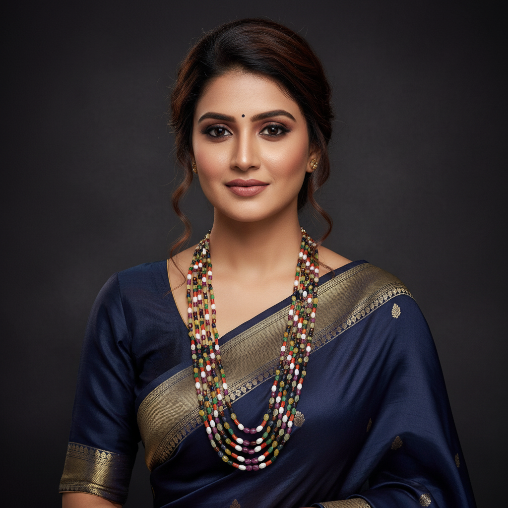 Indian model wearing Navratna multi-strand beaded necklace