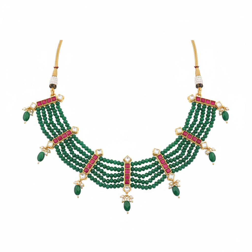 Jadau Kundan Green Beaded Necklace - White Background