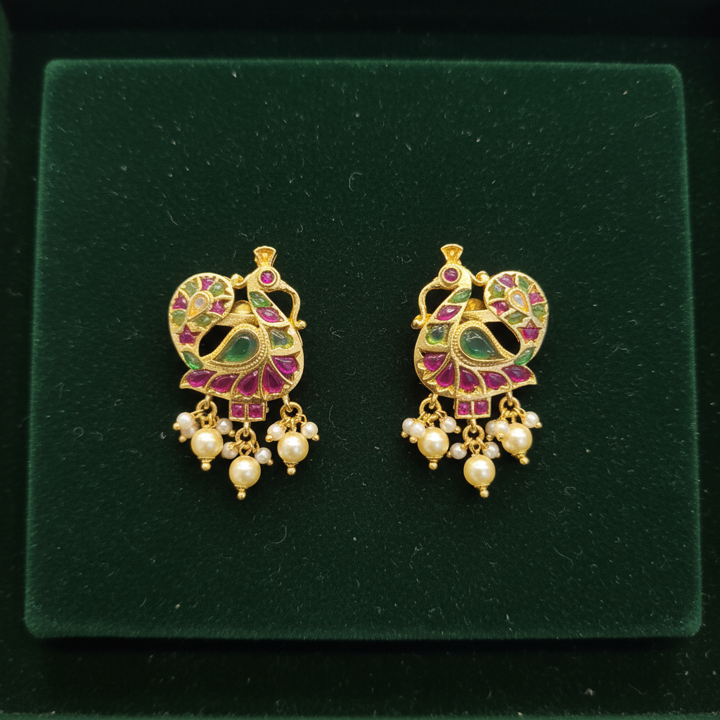 Jadau Kundan Peacock Earrings green velvet flat lay