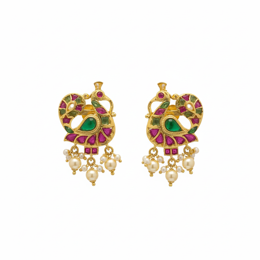 Jadau Kundan Peacock Earrings white background