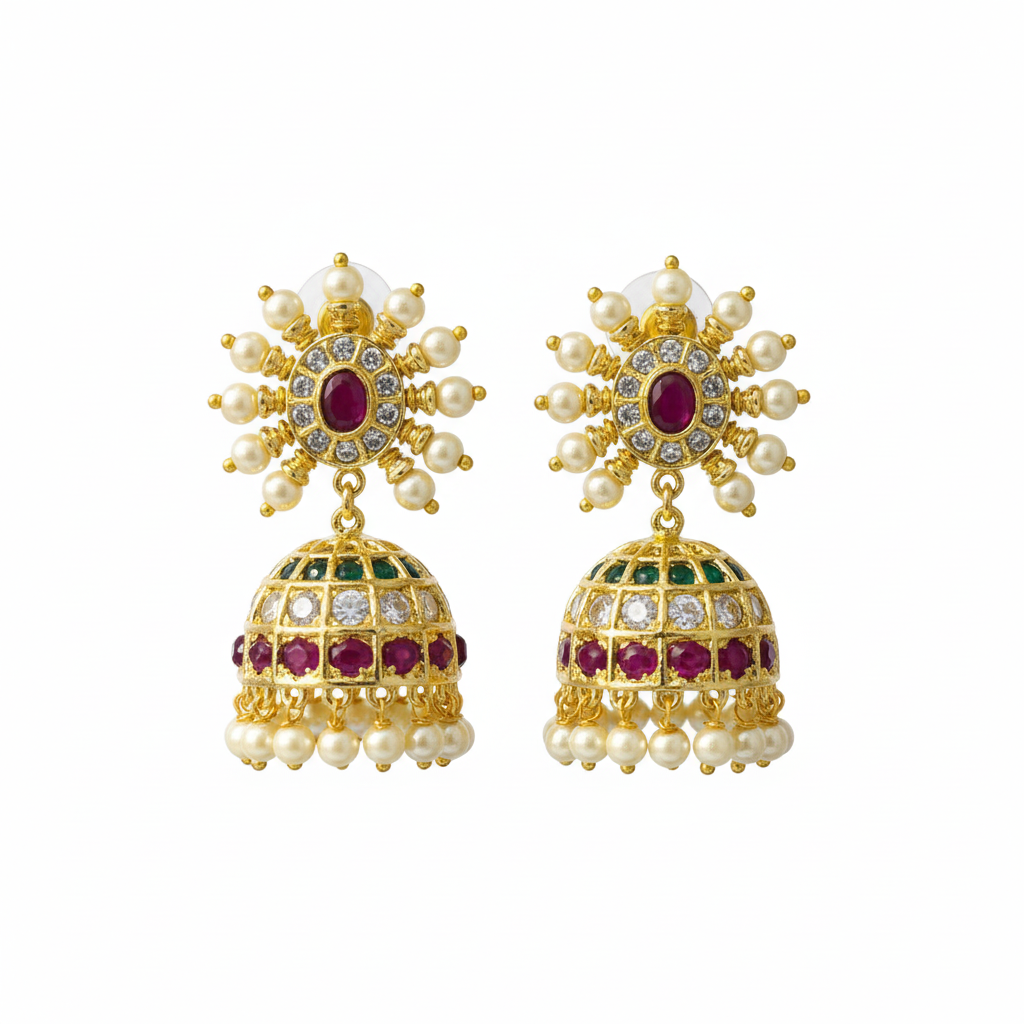 Kempu Chakra Jhumka Multi White Background