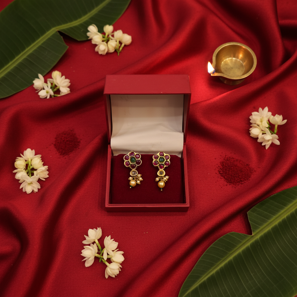 Kempu Golden Pearl Studs Flat Lay